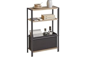 Aibiju Tavolino stretto con ripiano portaoggetti, sottile a 3 ripiani con cestino in tessuto, moderno per soggiorno, camera da letto, studio, comodino, ufficio, grigio