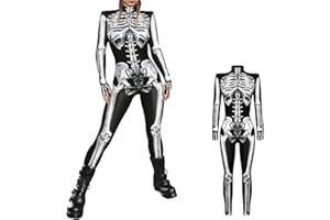 NEWUPZSI Halloween Jumpsuit Kostüm Damen Skelett Overall Damen Jumpsuit Kostüm 3D Print Langarm Skinny Skeleton Catsuit Cosplay Overall Body 3D Skelett Langarm Outfits Bodycon Ganzkörperanzug