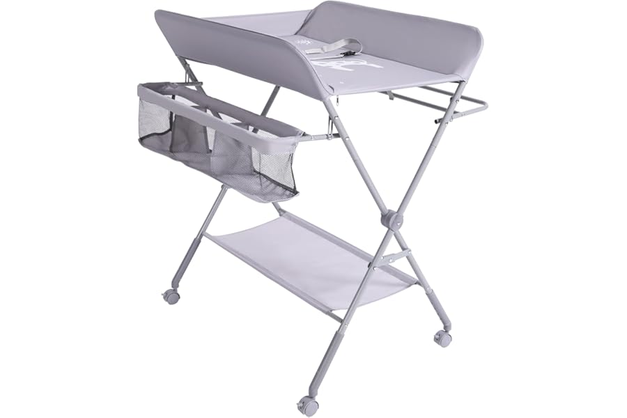 KARAOK Foldable Changing Table with Wheels | Baby Changing Station with 4-Level Adjustable Height | Portable Diaper Changing Station with Large Organizers & Storage Racks for Newborn & Infant