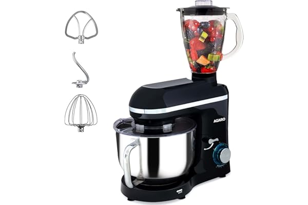 AGARO Imperial Stand Mixer,1400W with 6L SS Bowl, 1.5L Blending Jar,10 Speed With Pulse Function, 100% Copper Motor, Includes Blending Jar, Whisker, Beater, Dough Hook, Egg White Separator, Black