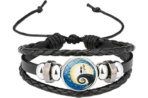 Ticome Jack and Sally Nightmare Before Christmas Leather Braided Rope Bracelet Black Adjustable Multilayer Punk Couple Bracelets for Men Women Valentine's Day