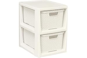 BranQ - Home essential, Rattan Design BPA Free Plastic 2 Drawer Storage Unit, Ideal for Home Office, Bedroom and Bathroom Storage, 29.5 x 24 x 32.8 cm (LxWxH) - Cream