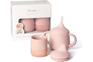 ‎MOONKIE Moonkie Zestaw Kubek do Nauki Picia, Sippy Cup dla Niemowląt 4 Uncje & Kubka dla Dzieci 2 Uncje, 100% Silikonowy, Kubek Słomy od 6-12Miesięcy, bez BPA, Odpowiedni do Zmywarki (Zestaw Rumieniec)