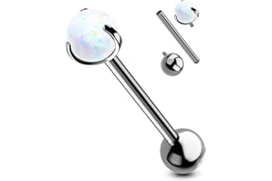 OUFER Body Piercing Piercing de lengua de hilo interno G23 de titanio sólido para piercing de lengua de ópalo blanco, barras de lengua de 14 G para mujeres y hombres