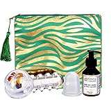 -El tratamiento anticelulítico completo con dos ventosas anticelulíticas L y XL, el nuevo rodillo de masaje y un aceite anticelulítico, todo en una bonita bolsa Zebra Gold.
