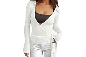 Modaworld Damen Y2k Ballett Wrap Top Langarm Tiefer V-Ausschnitt Slim Fit Yoga Pilates Ballet Workout Tops Frühling Kleidung