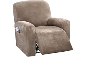 LINGKY 4-Pieces Recliner Chair Covers Velvet Stretch Armchair Covers With Side Pocket Thick Soft Washable Recliner Sofa Covers 1 Seater Replacement Furniture Protector (Armchair, Taupe)