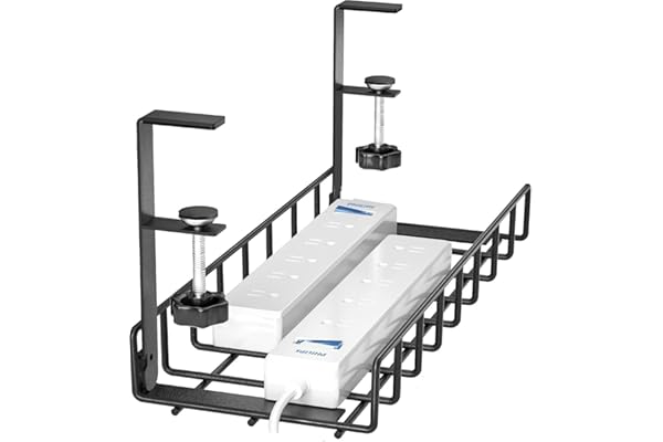 Heavy Duty 1 Pack Under Desk Cable Management Tray, Upgraded Wire Management No Drill No Screws, Cable Tray with Clamp for Desk Computer Cable Rack for Office, Home - No Damage to Desk (BLACK, 1 PACK)