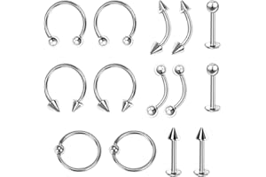 DLPRK 14 piezas Set de Piercing Nasal Acero Quirúrgico Pendientes Ceja Tragus Helix Aros Perno Nariz Helix Acero Inoxidable Rook Curvado Bolas Herradura Labio Labret Joya (1.2 * 8mm) (Plateado)