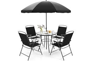 GOPLUS 6Pcs Salon de Jardin Exterieur 4 Personnes avec 4 Chaises Pliantes en Textilène, Table Basse en Verre Trempé et Parasol Jardin, pour Patio, Balcon et Terrasse (Table+Chaises+Parasol,Noir)