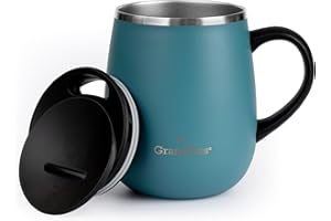 GRANDTIES Insulated Coffee Mug with Handle- Sliding Lid for Splash-Proof 16 oz Wine-Glass Shape Thermal Tumbler with Double Walled Vacuum Stainless Steel to Keeps Beverages Hot or Cold-Atlantis Blue