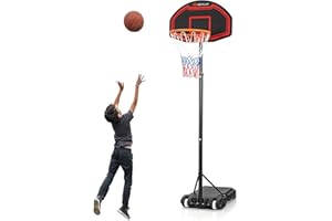 COSTWAY Canestro da Basket Bambini da Esterno, Canestro da Basket Regolabile in 5 Altezze e Portatile con Rete Durevole e Tabellone Infrangibile, 44,5 x 73,5 x 155-210 cm