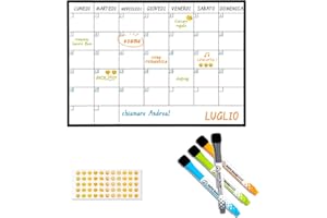 SOTO BLANCO SB® Lavagnetta Magnetica da Frigo A4 30x21cm + 4 Pennarelli Premium + 55 Stikers Emogi | Lavagna Calendario Mensile Magnetico per annotare tutti gli eventi importanti e aiutarsi nello studio