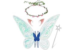 BLUELVES Ali da Fata Bambina Donna, Ali Farfalla con Orecchie da Elfo Corona Fiori Bacchette di Fata, Costume Ali da Fata Farfalla per Accessori Halloween Carnevale Feste Cosplay Bambini Adulti (Blu)