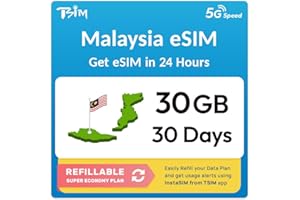 TSIM eSIM Malaisie | Plan 30 Go Rechargeable ! Code QR envoyé par Email sous 24hr - Scannez et Utilisez | Activation Automatique, Validité 30 Jours | 5G | Données Uniquement, Aucun Numéro de Téléphone