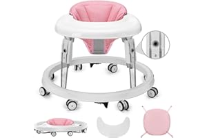 PIONCREY Baby Walker, Foldable Multi-Function Anti-Rollover Walker with Brake Design, 7 Level Height Adjustable, Baby Walkers for Boys 6 Months Suitable for All Terrains (Pink)