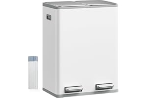 Hzuaneri Poubelle Cuisine, 60L (2 x 30 L), Poubelle Tri Selectif 2, Poubelles Tri avec Pédale Acier Inoxydable, Ilencieux et retombe Lentement, avec 15 Sacs Poubelles, pour Cuisine, Blanc SW06099W