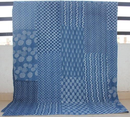 Traditional Fabrics Indian Kantha Quilt Reversible Cotton Bedspread Block Print Bed Cover G349