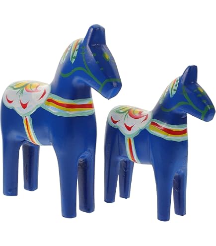2 Statues Chevaux Dala Suédois En Bois Peints à La Main - Décoration Scandinave Traditionnelle 9.3 Et 7.3 Pouces