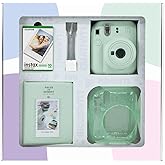 Instax mini 12 Yeşil Fotoğraf Makinesi 10'lu Film Simli Pleksi Kılıf PVC Alb&uuml;m ve Kıska&ccedil;lı Resim Standı Bundle Box