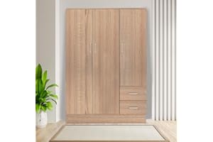 Bissolo Casa Armadio Multiuso in Laminato, Rovere, 120x50x170 cm, 3 Ante e 2 Cassetti, con Tubi Appendiabiti, Kit Smontato