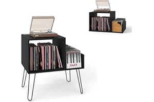 KOMFOTTEU Meuble Platine Vinyle avec Station de Charge, pour jusqu'à 145 Albums, Support de Tourne-Disque, Séparateurs et Étagère latérale, Étagère de présentation (Noir)
