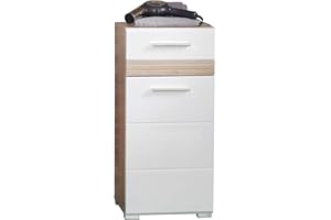 ‎TRENDTEAM SMART LIVING trendteam smart living - Set One - Kommode - Weiß Hochglanz/Eiche - Badschrank - (BxHxT) 37 x 80 x 31 cm - Tür mit moderner Fräsung und 1 Schublade - verstellbarer Einlegeboden