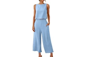 FUNALOE 2 Piece Outfits For Women Sleeveless Jumpsuits For Women Linen Sets For Women 2 Piece Wide Leg Pants For Women Round Neck Crop Basic Top Button Back Tops Women's Linen Trouser Suits With Pocket