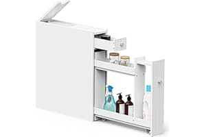 VonHaus Slim Bathroom Storage Unit - White Slimline Bathroom Cabinet - Narrow & Compact Bath Organiser with Drawer & Slide Out Shelving - Freestanding Shaker Style Storage - Holbrook