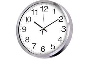 SIN&MI Wall Clock 12 Inch Metal Frame Glass Cover Non-ticking Number Quartz Wall Clock Modern Quartz Design Decorative Indoor/Kitchen(Silver)