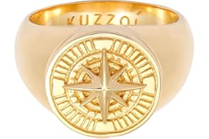 Kuzzoi 0605512820 - Anello da uomo con sigillo rotondo in argento Sterling 925 placcato oro, con simbolo della bussola, anello marittimo per uomini di taglia 60-66