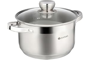 Daniks Standard Marmite Inox 20 cm 4 Litres, Faitout avec Couvercle en Verre, Tous Feux y Compris Induction, avec Échelle de Mesure, Argent