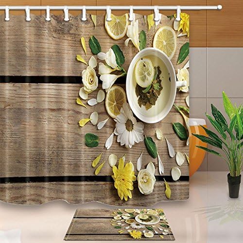 Spa Decor Lemon Tea Slimming Yoga Wood Board Background 180X180CM Mildew Resistant Polyester Fabric Shower Curtain Suit With 60x40cm Flannel Non-Slip Floor Doormat Bath Rugs