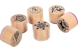 DEARMAMY 6Pcs Wooden Stamps Set Wooden Christmas Stamps Christmas Wooden Rubber Stamps Christmas Stamps with Ink Pad for Christmas Party Bag Fillers Favor Decoration Supplies Xmas