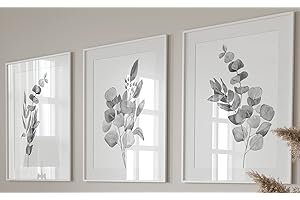 EVIEPOPS PRINTS Grey Eucalyptus Botanical Wall Art Set of 3 Unframed Prints, Abstract Tropical Plant Decor, Living Room Bedroom Bathroom Poster Home Decor, Plant Leaves (A4)