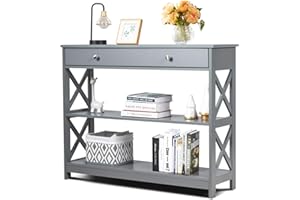 COSTWAY 3-poziomowy stół konsolowy z szufladą, stół do przedpokoju z drewna, regał stojący, stolik pomocniczy do wejścia, salonu i sypialni, 100 x 30 x 80 cm (szary)