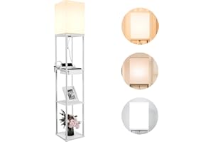 BBHome Lampadaire avec étagère en bois, 3 températures de couleur, 2 ports de charge USB, et 1 tiroir, lampadaire LED à intensité variable, pour salon, chambre à coucher, blanc
