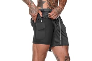 EDOTON Men's Workout Running Shorts, 2-in-1 Quick Drying Breathable Lightweight Built-in Compression Liner Athletic Gym Exercise Training Jogging Short Pants with Back Zipper Pocket