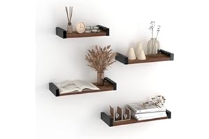 HORLIMER Mensole da Muro Piatta e Lunga con Finitura Marrone, Decorazione e Salvaspazio per Camera da Letto, Cucina, Bagno, Soggiorno, Set 4
