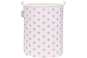 Sea Team 19.7 Inch Large Sized Waterproof Coating Ramie Cotton Fabric Folding Laundry Hamper Bucket Cylindric Burlap Canvas Storage Basket with Stylish Purple Star Design