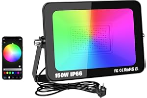 RIGIDON 1X 150W Foco Led RGB Exterior/Interior, 15000LM APP Control Remoto Proyector Led, Minutero Multicolor RGBW Regulable Luz de pared Para Jardín,Fiestas, Terraza, IP66 Impermeable Floodlight
