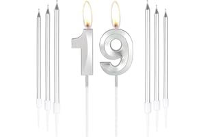 MCISKIN Silver 19th Birthday Cake Candles - Number 19 & Long Candles, Party Cake Toppers for Boys, Girls, Men & Women - 19th Birthday & Wedding Anniversary Decorations