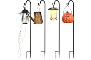 QIZENME Adjustable Height Shepherd Crook Hooks,Set of 4 Festoon Pole with Base,3 Threaded Fittings Black Metal Garden Border Hook for String Lights,Flower Ball,Plant Baskets -76 cm/29.64 in