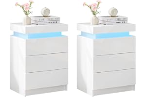 TUKAILAi Set of 2 Bedside Table with 3 Drawers and Top Storage, White High Gloss Front Bedroom Cabinet with LED Light, Nightstand Chest of Drawers for Bedroom Living Room