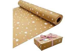 ADQUATOR 15m Roll of Kraft White Star Wrapping Paper Roll,100% Recyclable ECO Gift For Birthday Present Party Christmas Decorations(15m x 43cm)
