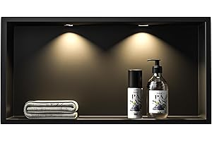Bernkot Nicho de pared de acero inoxidable con luz LED downlight, 60 cm x 30 cm, resistente al agua, no requiere azulejos, almacenamiento de baño, nicho, color negro mate