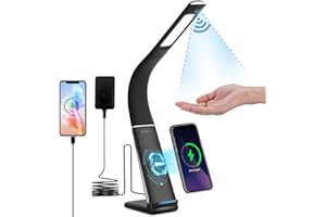 rigors Lampara Escritorio LED con Sensor de Gestos,Infinitamente Regulable Flexo LED Escritorio,10W Carga Inalámbrica & Puerto de Carga USB,270°Brazo Ajustable Flexo Escritorio Para Estudiar