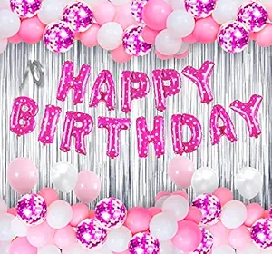 Party Propz Happy Birthday Decorations For Girls Combo Set- Pink White Metallic Balloons With Confetti, Happy Birthday Letter Foil Balloon, Foil Curtain - Girls, Women, 1st, 2nd, 3rd, 4, 5,6th - 33Pcs