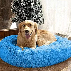 Mellifluous Luxurious Round Blue Faux Fur Bed for Dogs & Cats (Small, Blue)