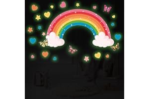 BUBUNY Glow in The Dark Rainbow Wall Stickers, Glow in The Dark Butterflies Luminous Rainbow Butterflies and Heart Stickers Glow in The Dark for Ceiling Kids Bedroom Living Room Decoration
